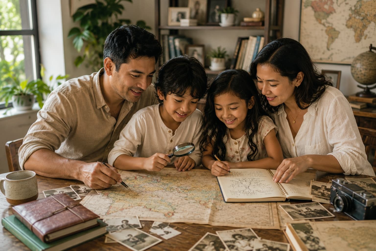 A family gathered at the table, tracing their roots on an old map with photographs and a handwritten family tree